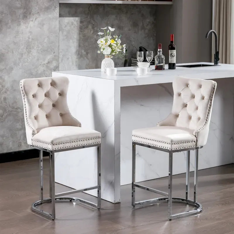 Velvet High-Back Counter Barstool, Button-Tufted, Chrome Base, Set of 2