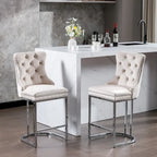Velvet High-Back Counter Barstool, Button-Tufted, Chrome Base, Set of 2