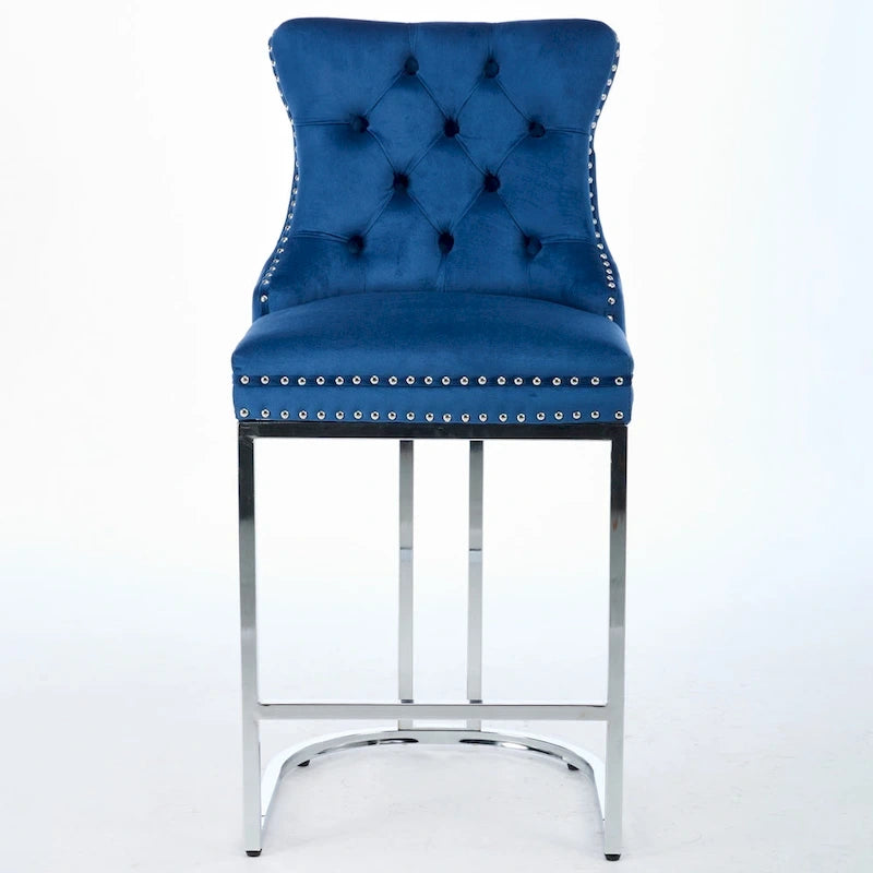 Velvet High-Back Counter Barstool, Button-Tufted, Chrome Base, Set of 2