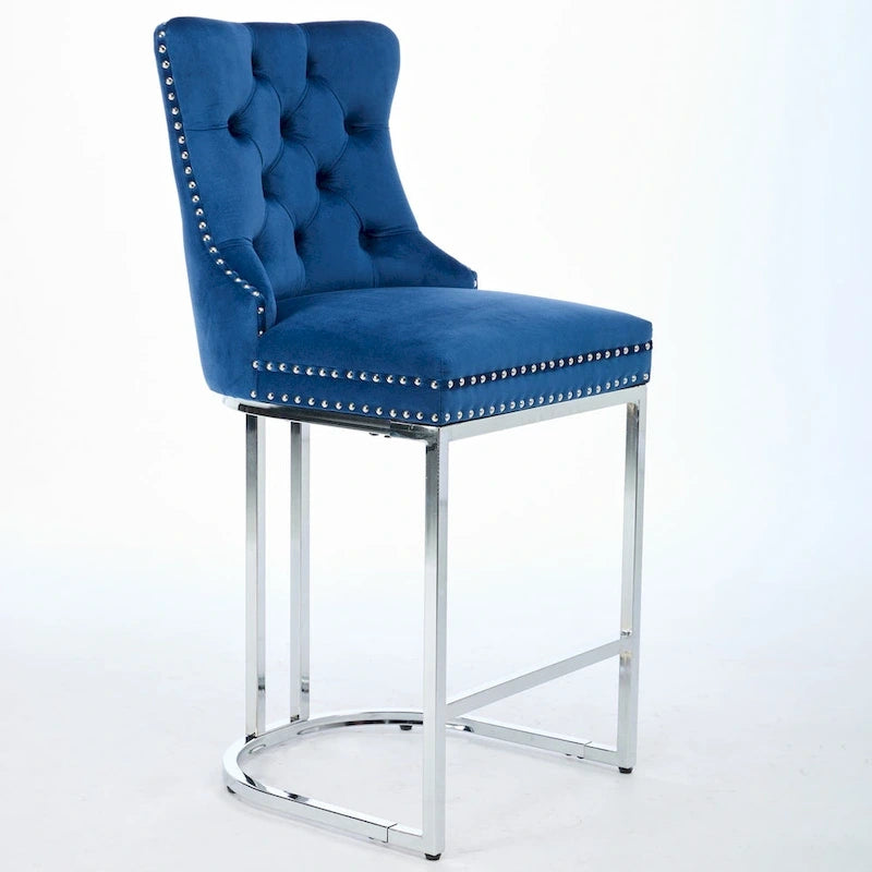 Velvet High-Back Counter Barstool, Button-Tufted, Chrome Base, Set of 2