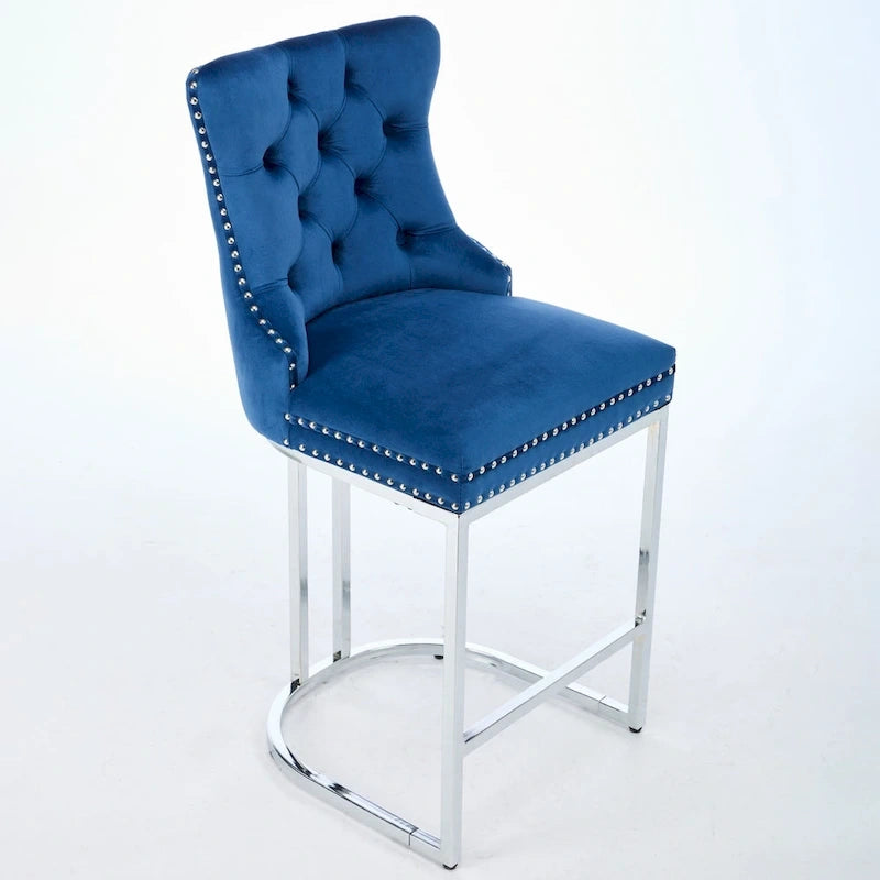 Velvet High-Back Counter Barstool, Button-Tufted, Chrome Base, Set of 2