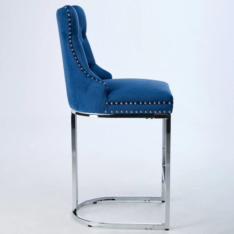 Velvet High-Back Counter Barstool, Button-Tufted, Chrome Base, Set of 2