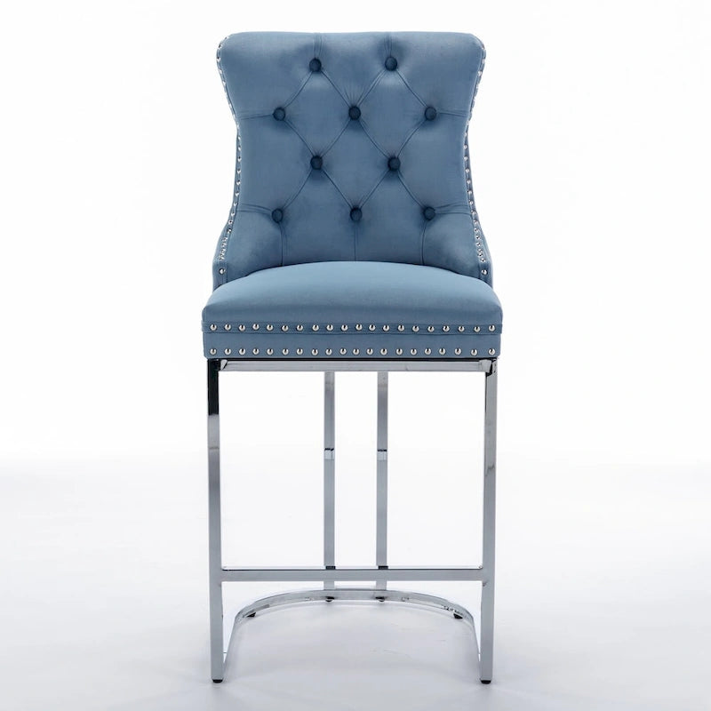 Velvet High-Back Counter Barstool, Button-Tufted, Chrome Base, Set of 2