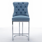 Velvet High-Back Counter Barstool, Button-Tufted, Chrome Base, Set of 2