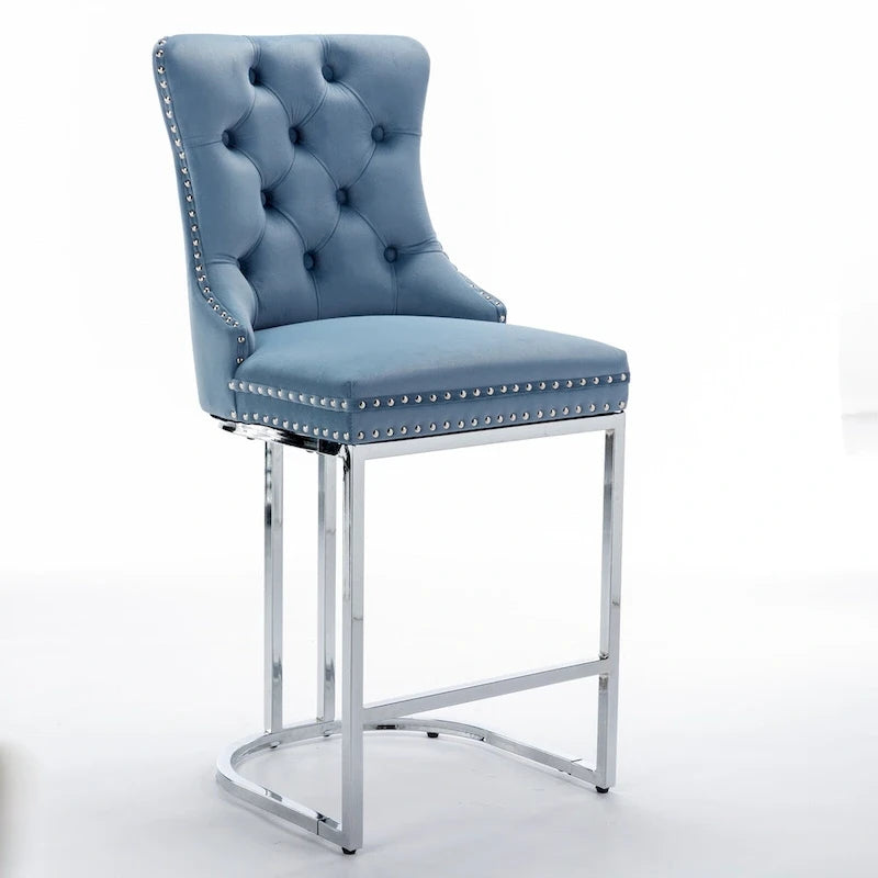 Velvet High-Back Counter Barstool, Button-Tufted, Chrome Base, Set of 2