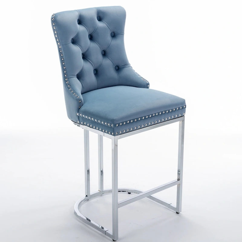 Velvet High-Back Counter Barstool, Button-Tufted, Chrome Base, Set of 2