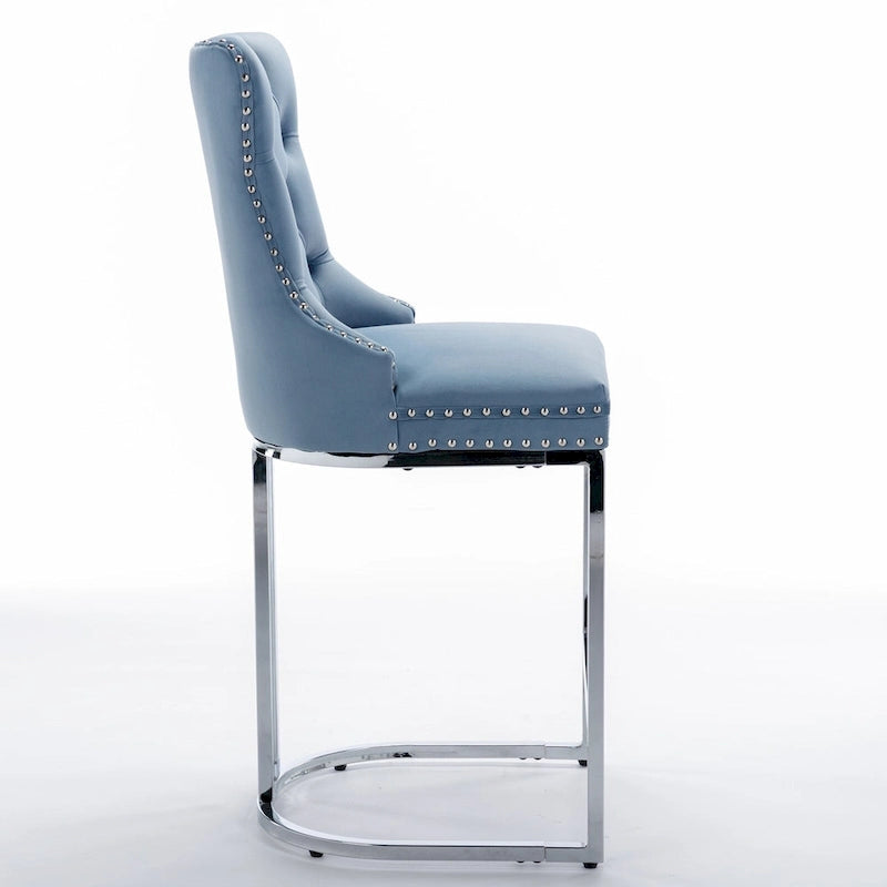 Velvet High-Back Counter Barstool, Button-Tufted, Chrome Base, Set of 2