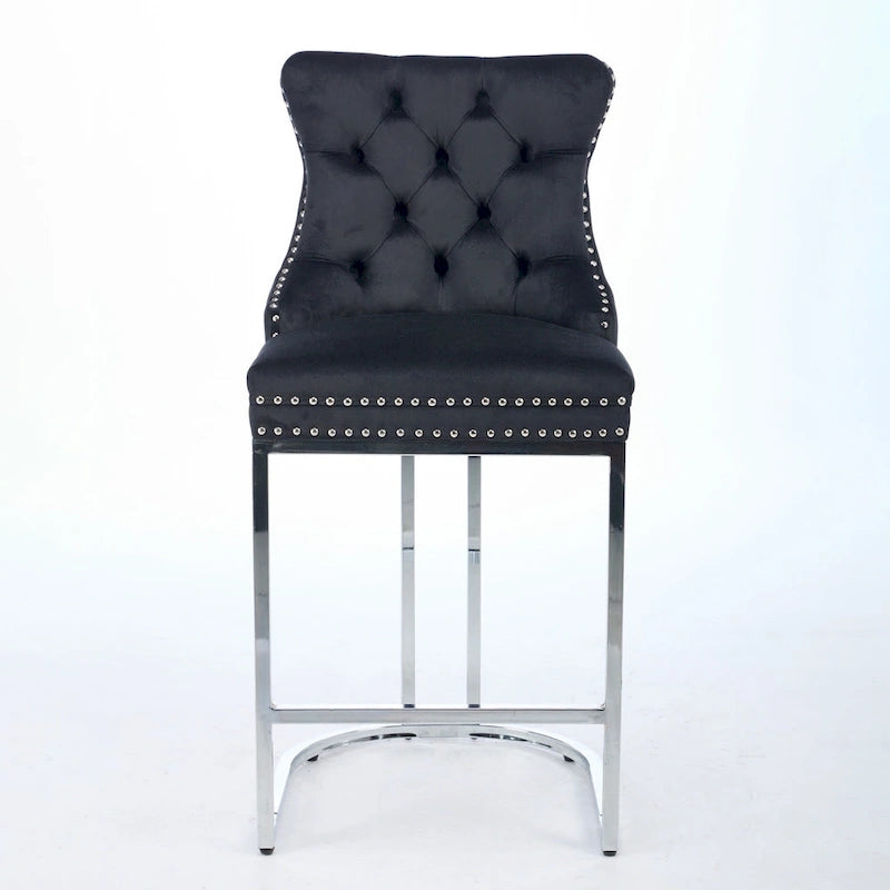 Velvet High-Back Counter Barstool, Button-Tufted, Chrome Base, Set of 2