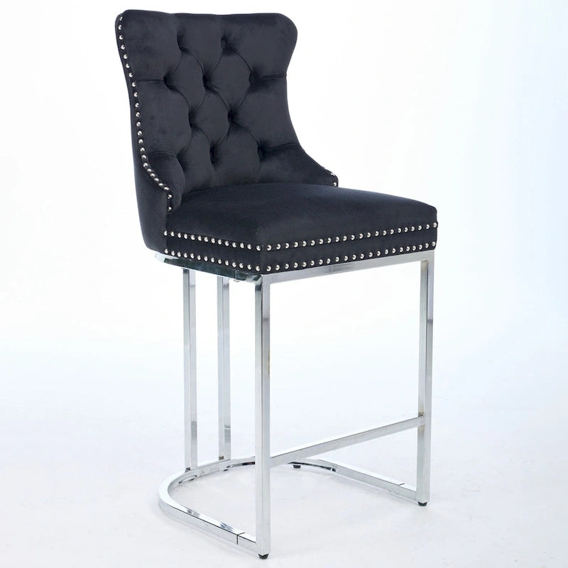 Velvet High-Back Counter Barstool, Button-Tufted, Chrome Base, Set of 2