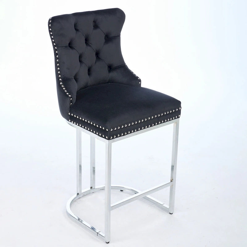Velvet High-Back Counter Barstool, Button-Tufted, Chrome Base, Set of 2