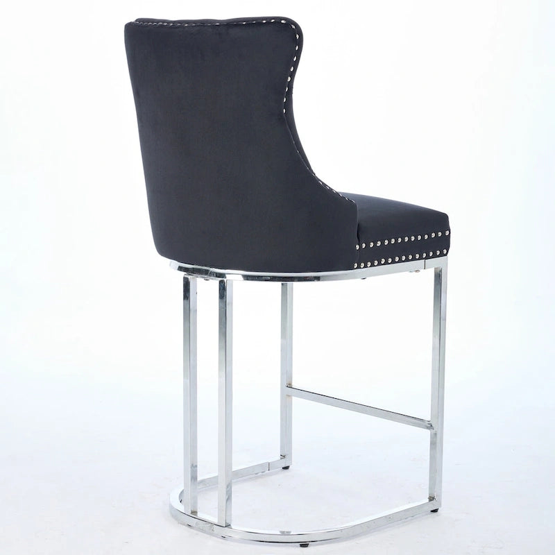 Velvet High-Back Counter Barstool, Button-Tufted, Chrome Base, Set of 2