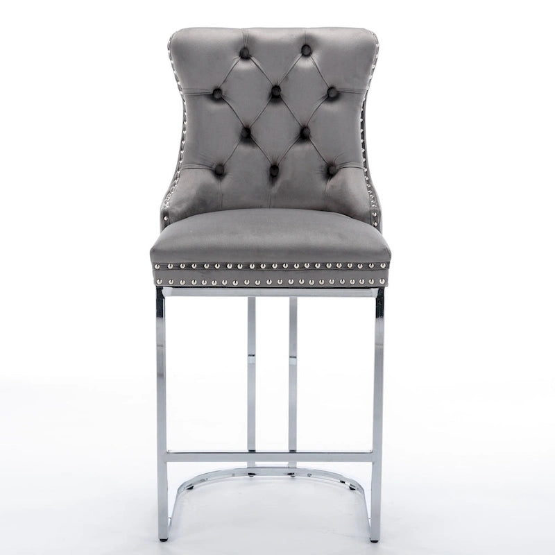 Velvet High-Back Counter Barstool, Button-Tufted, Chrome Base, Set of 2