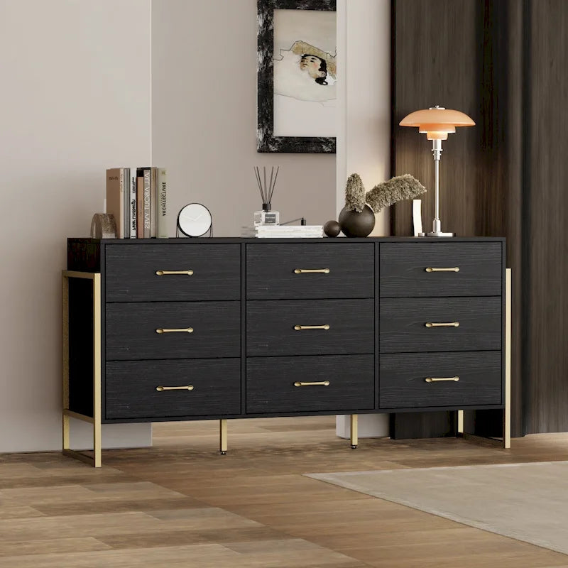 9-Drawer Dresser, Black / White, Gold Handles, Single