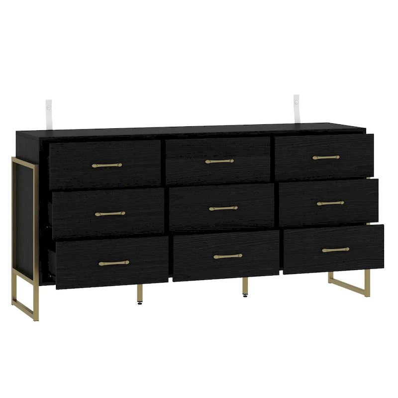 9-Drawer Dresser, Black / White, Gold Handles, Single