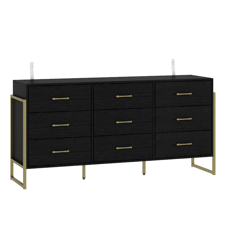 9-Drawer Dresser, Black / White, Gold Handles, Single