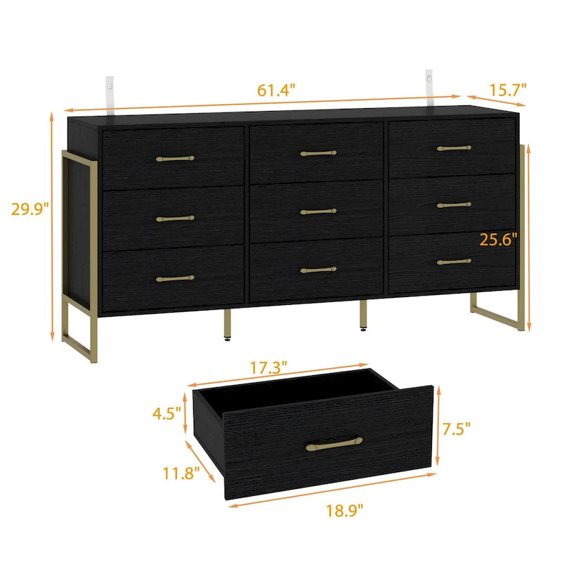 9-Drawer Dresser, Black / White, Gold Handles, Single
