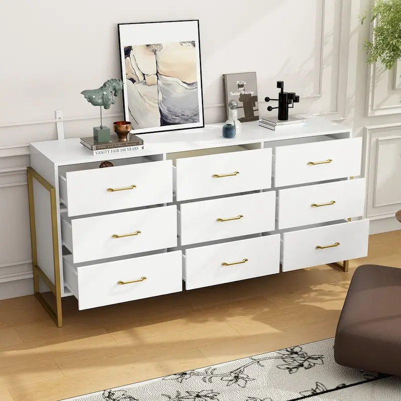 9-Drawer Dresser, Black / White, Gold Handles, Single