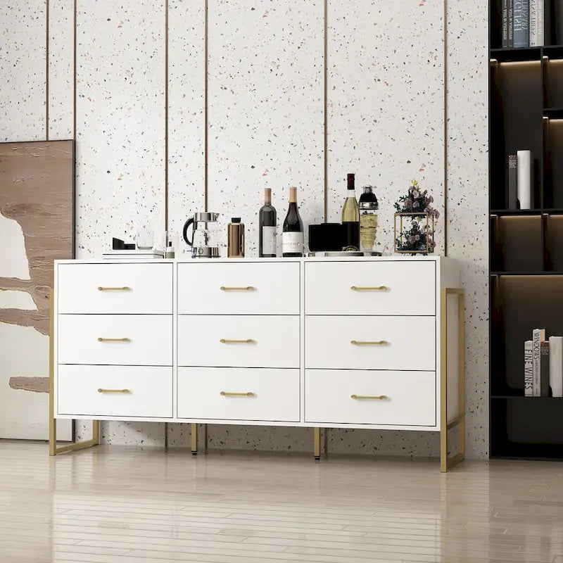 9-Drawer Dresser, Black / White, Gold Handles, Single
