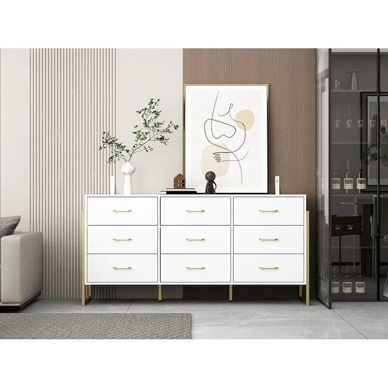 9-Drawer Dresser, Black / White, Gold Handles, Single