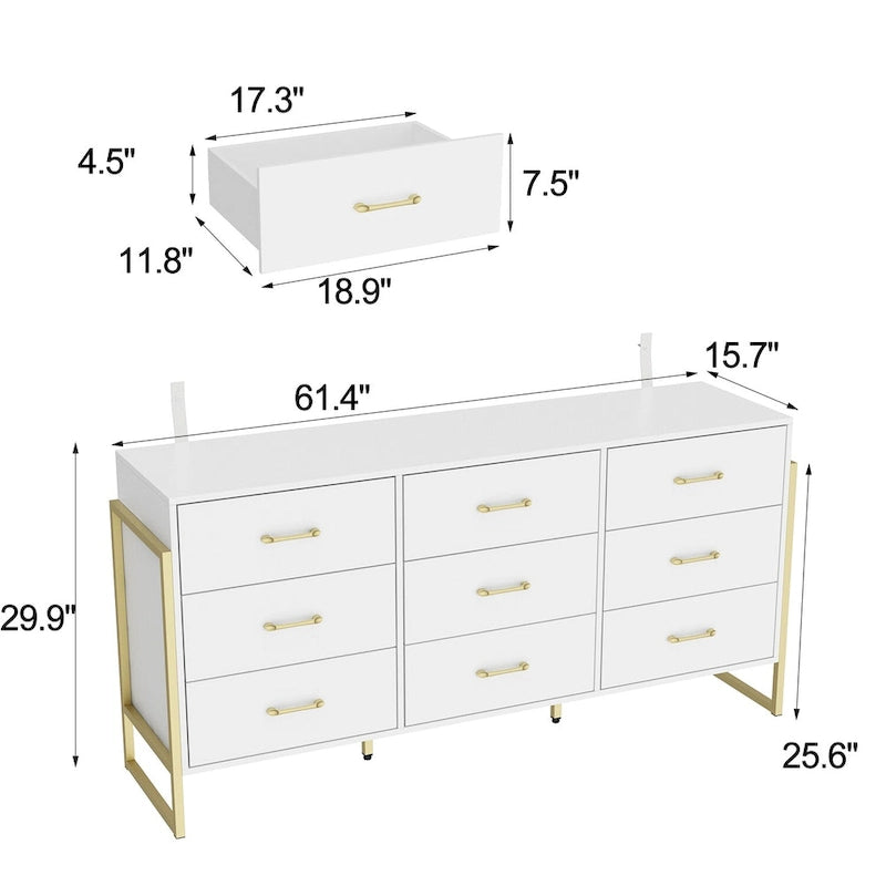 9-Drawer Dresser, Black / White, Gold Handles, Single