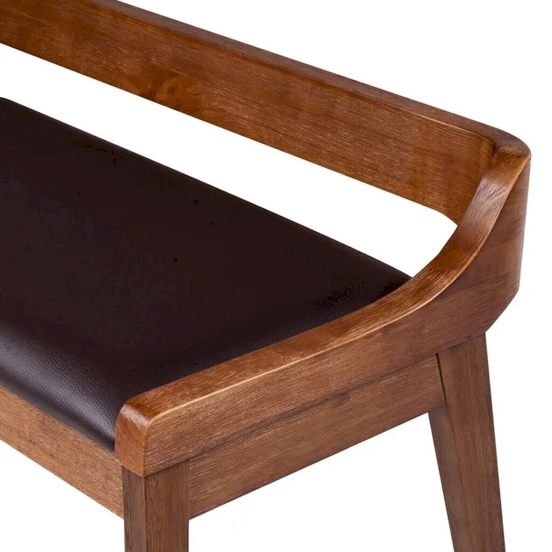 Mid-Century Dining Bench, Brown/Black Faux Leather, Seats 2