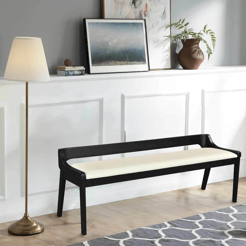 Mid-Century Dining Bench, Brown/Black Faux Leather, Seats 2