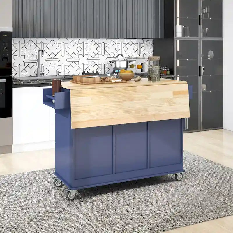 Rolling Kitchen Island with Drop-Leaf & Locking Wheels – Blue / White / Black / Grey, 2-Person Assembly