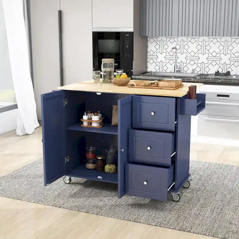 Rolling Kitchen Island with Drop-Leaf & Locking Wheels – Blue / White / Black / Grey, 2-Person Assembly