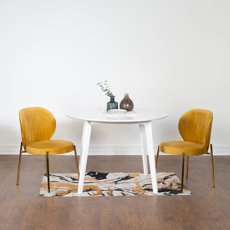 White Round Dining Table Set for 2, Velvet Upholstered Chairs, Gold Metal Frame – Yellow / Green / Blue
