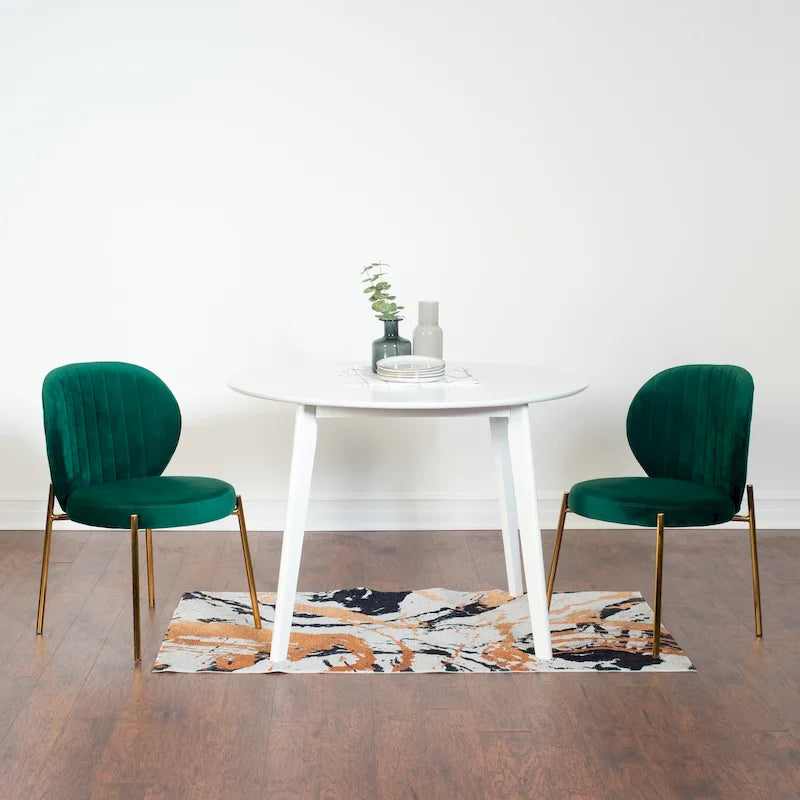 Juego de mesa de comedor redonda blanca para 2, sillas tapizadas de terciopelo, estructura de metal dorado – Amarillo / Verde / Azul