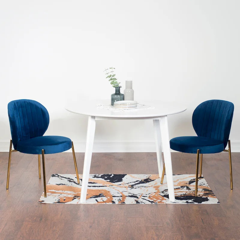 Juego de mesa de comedor redonda blanca para 2, sillas tapizadas de terciopelo, estructura de metal dorado – Amarillo / Verde / Azul