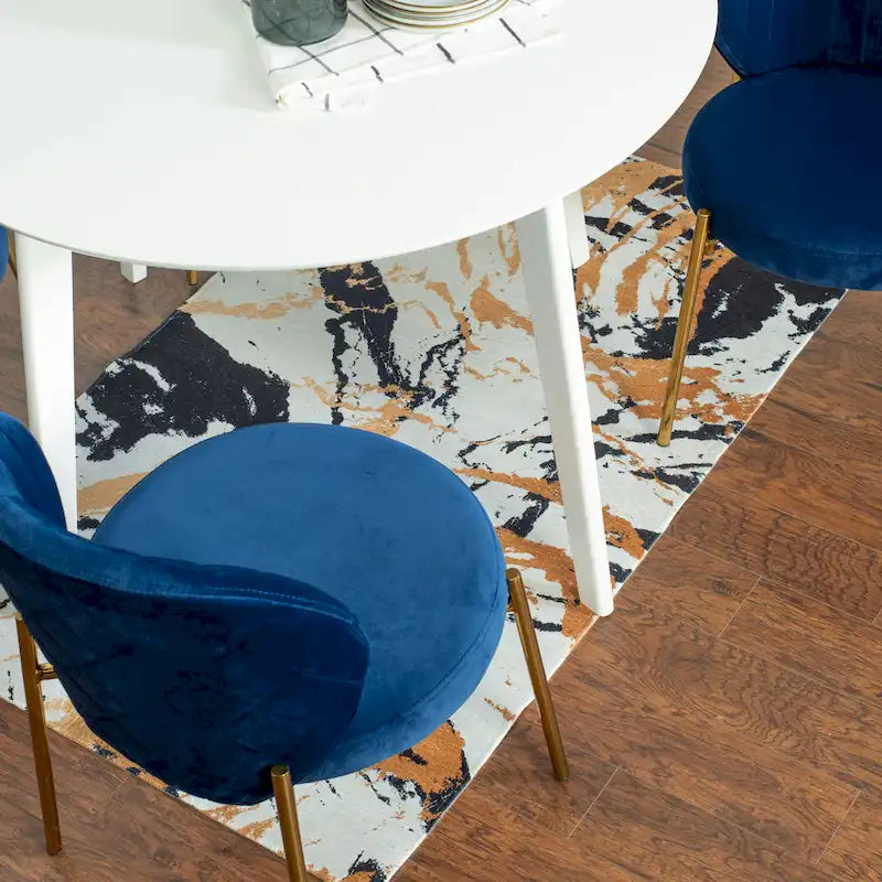 White Round Dining Table Set for 2, Velvet Upholstered Chairs, Gold Metal Frame – Yellow / Green / Blue