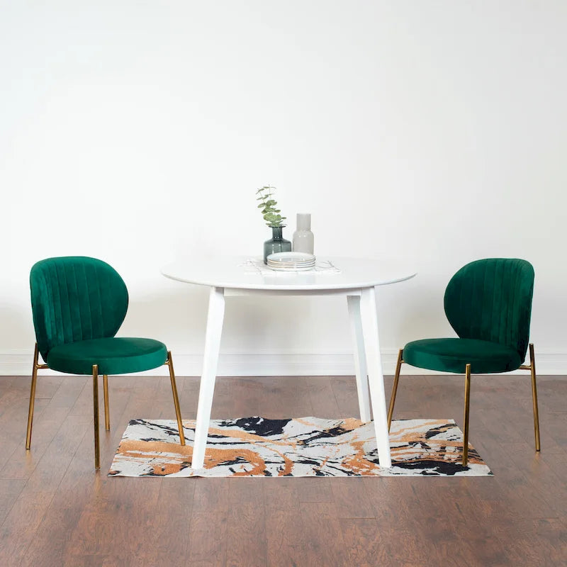 White Round Dining Table Set for 2, Velvet Upholstered Chairs, Gold Metal Frame – Yellow / Green / Blue
