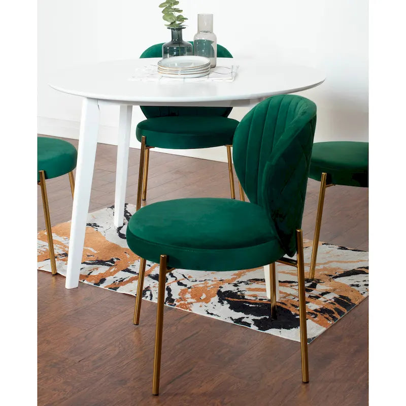 White Round Dining Table Set for 2, Velvet Upholstered Chairs, Gold Metal Frame – Yellow / Green / Blue