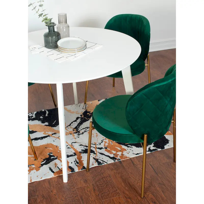 White Round Dining Table Set for 2, Velvet Upholstered Chairs, Gold Metal Frame – Yellow / Green / Blue