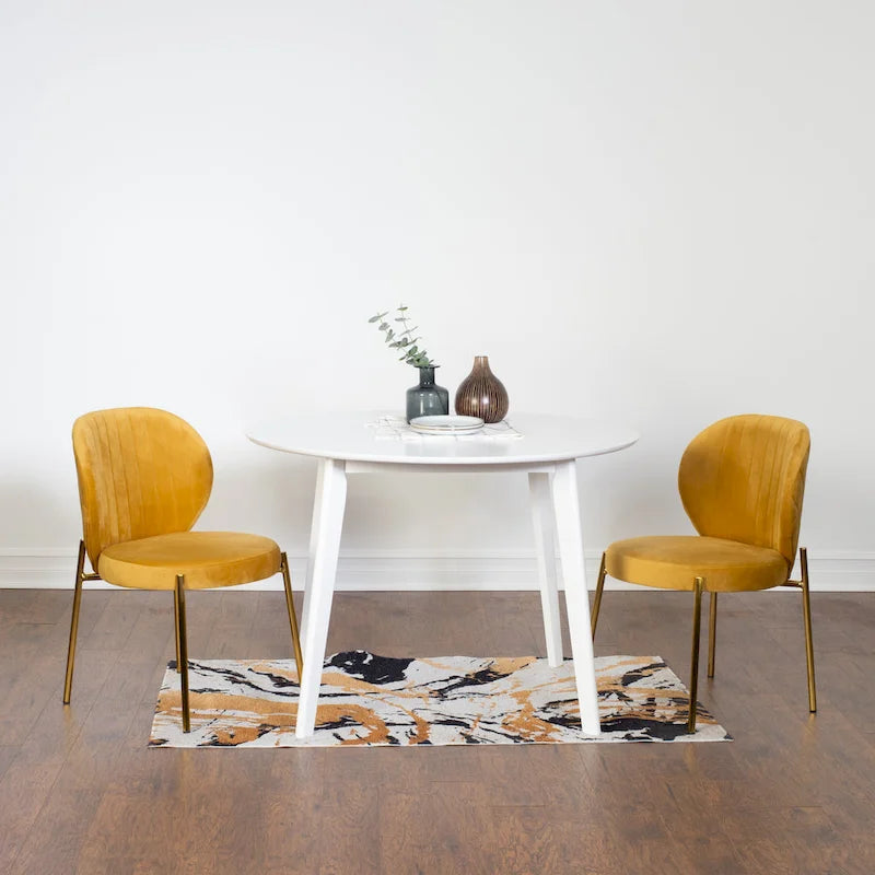 White Round Dining Table Set for 2, Velvet Upholstered Chairs, Gold Metal Frame – Yellow / Green / Blue