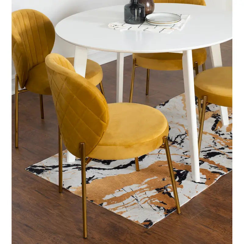 White Round Dining Table Set for 2, Velvet Upholstered Chairs, Gold Metal Frame – Yellow / Green / Blue