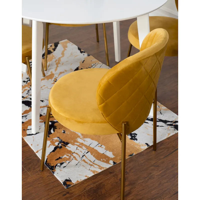 White Round Dining Table Set for 2, Velvet Upholstered Chairs, Gold Metal Frame – Yellow / Green / Blue