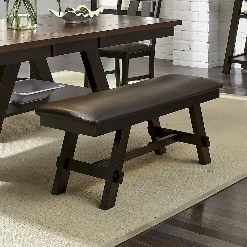 Espresso / Grey Upholstered Dining Bench, Seats 2, Transitional Style