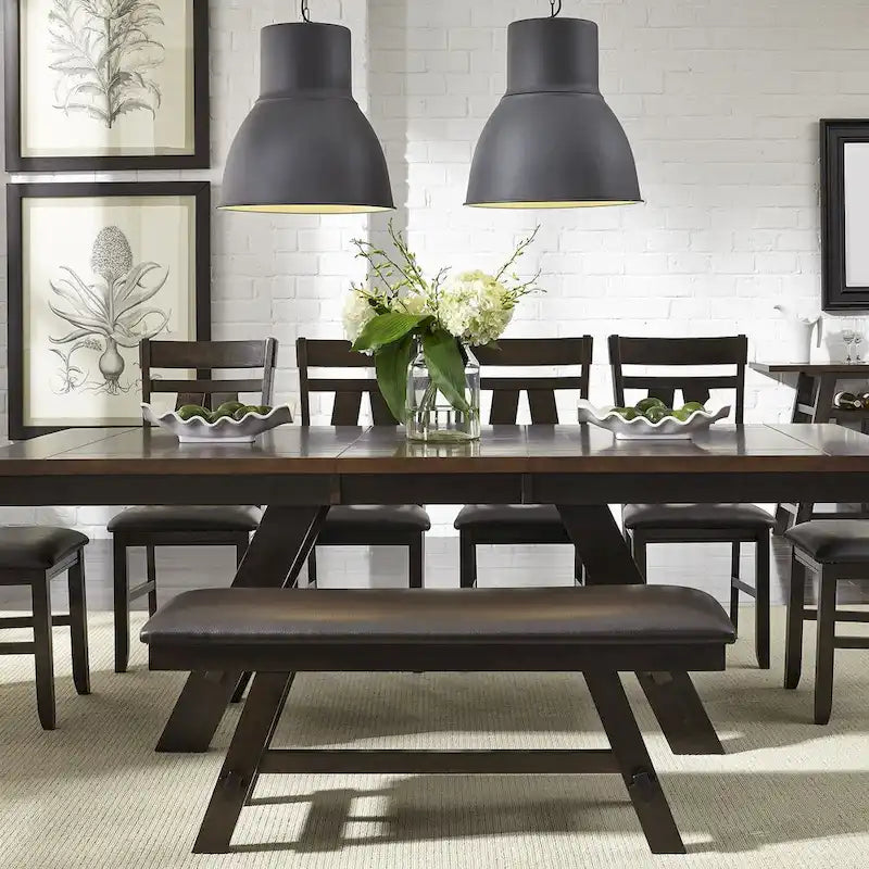 Espresso / Grey Upholstered Dining Bench, Seats 2, Transitional Style