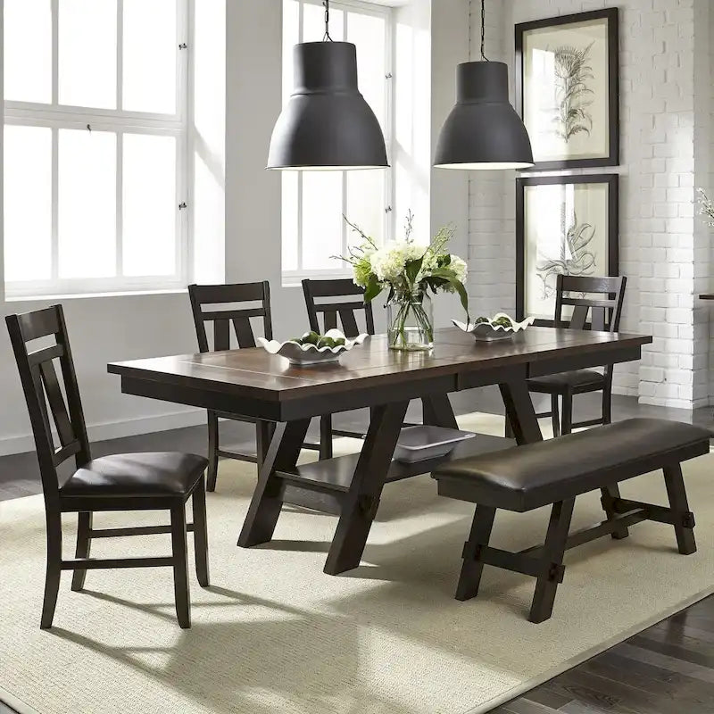 Espresso / Grey Upholstered Dining Bench, Seats 2, Transitional Style