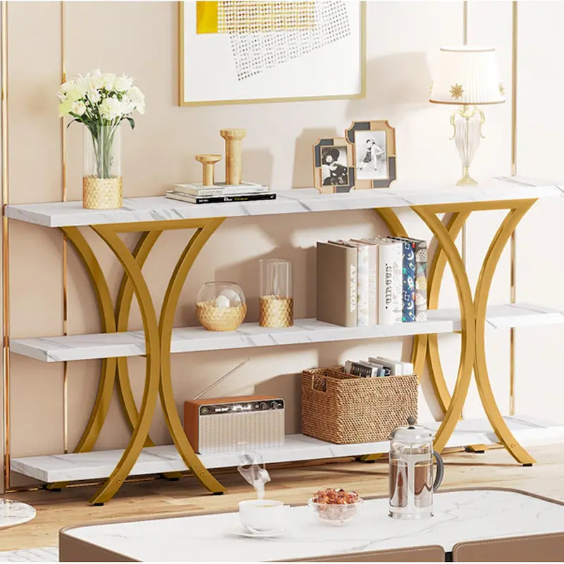 Mesa consola estrecha X-Frame marrón/gris/dorado, 3 estantes