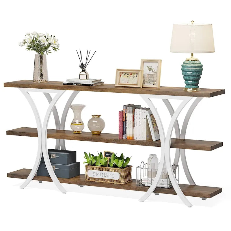 Mesa consola estrecha X-Frame marrón/gris/dorado, 3 estantes