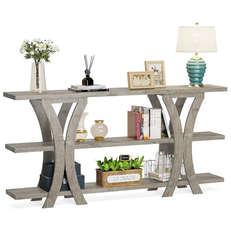 Mesa consola estrecha X-Frame marrón/gris/dorado, 3 estantes