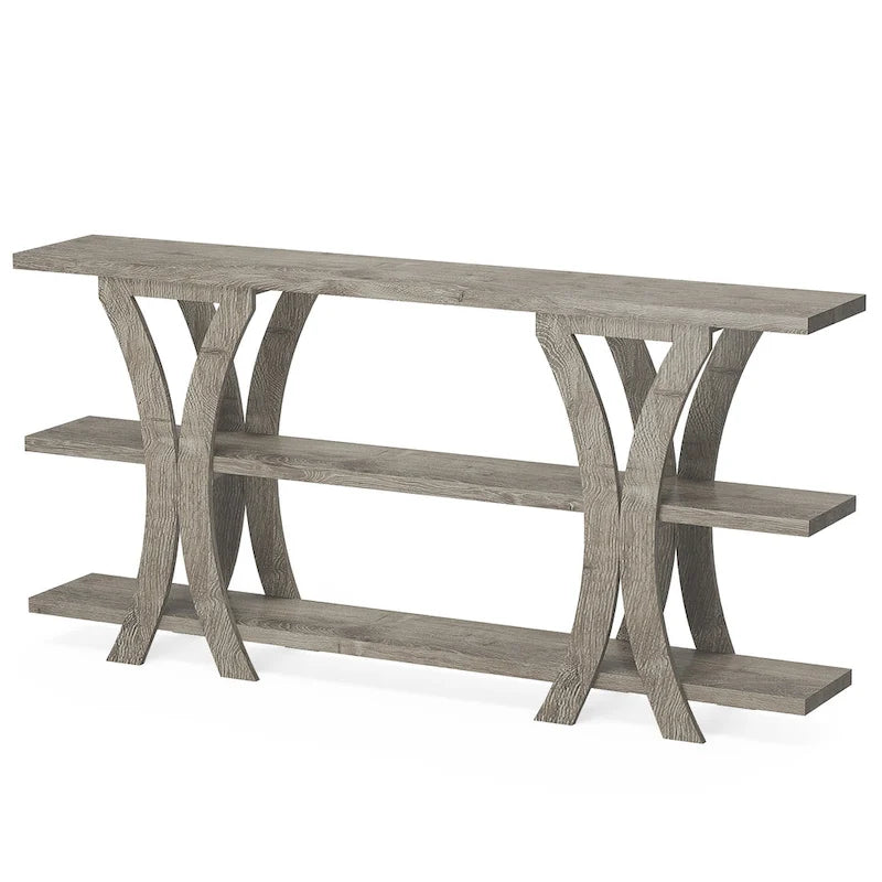 Brown/Grey/Gold X-Frame Narrow Console Table, 3-Tier Shelves