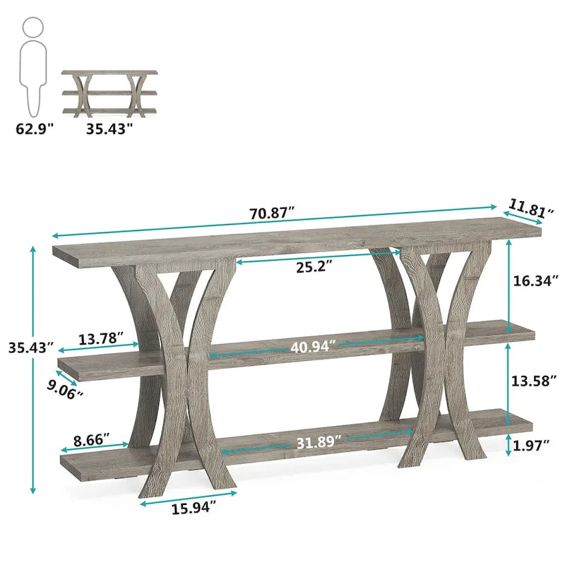 Brown/Grey/Gold X-Frame Narrow Console Table, 3-Tier Shelves