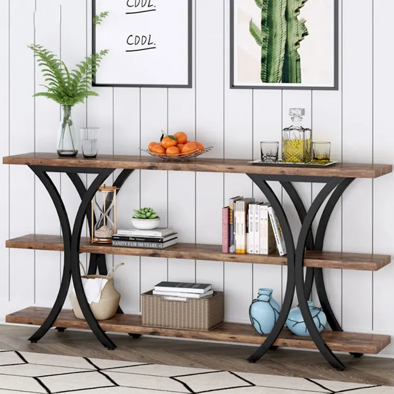 Brown/Grey/Gold X-Frame Narrow Console Table, 3-Tier Shelves