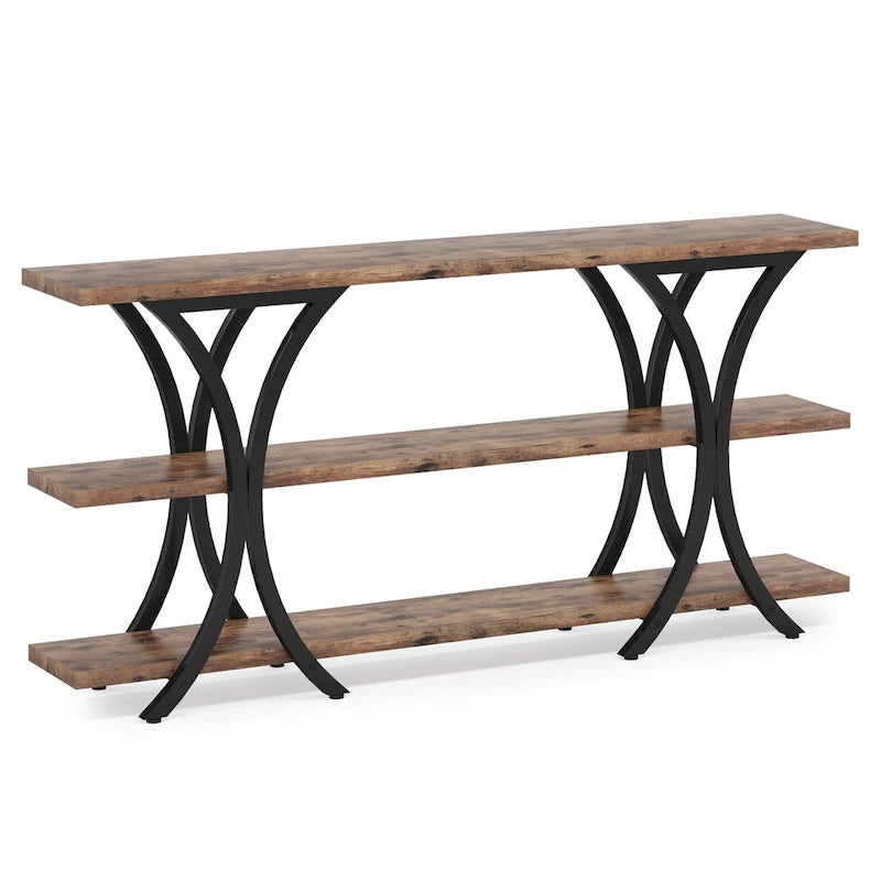 Brown/Grey/Gold X-Frame Narrow Console Table, 3-Tier Shelves