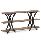 Brown/Grey/Gold X-Frame Narrow Console Table, 3-Tier Shelves