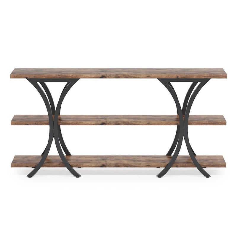 Brown/Grey/Gold X-Frame Narrow Console Table, 3-Tier Shelves